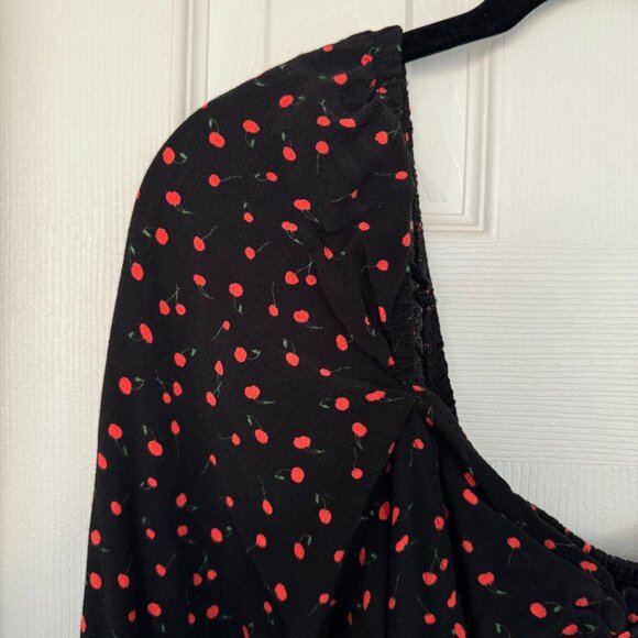 EUC, Free People Julia Cherry Print Blouse, Smocked Back, Black, Size L - Picture 7 of 14